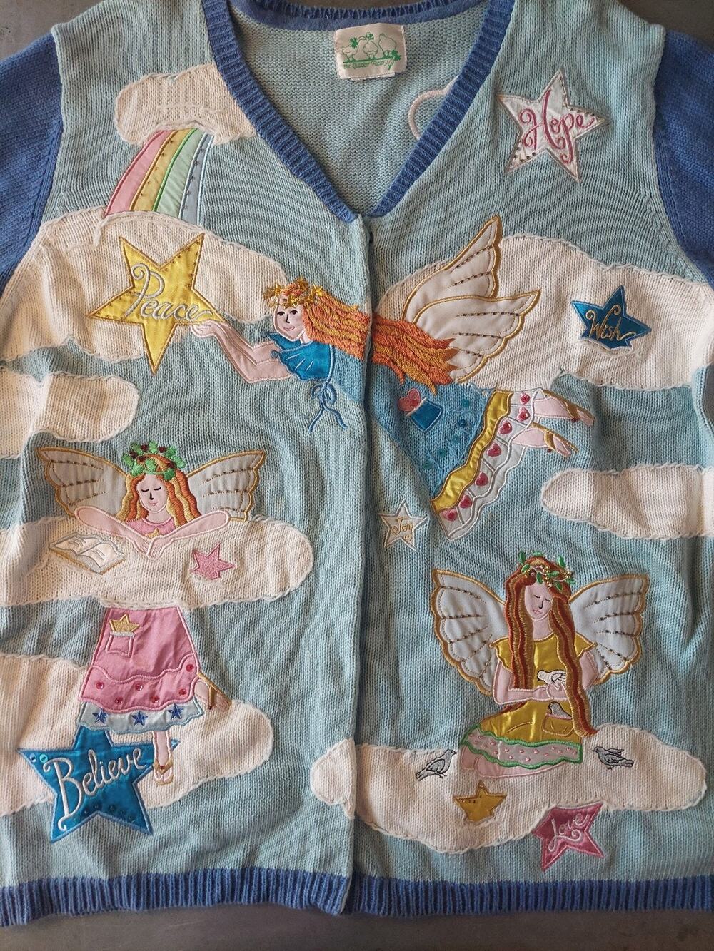 VTG Quacker Factory Angel Cardigan Sweater Cotton Holiday Grandma